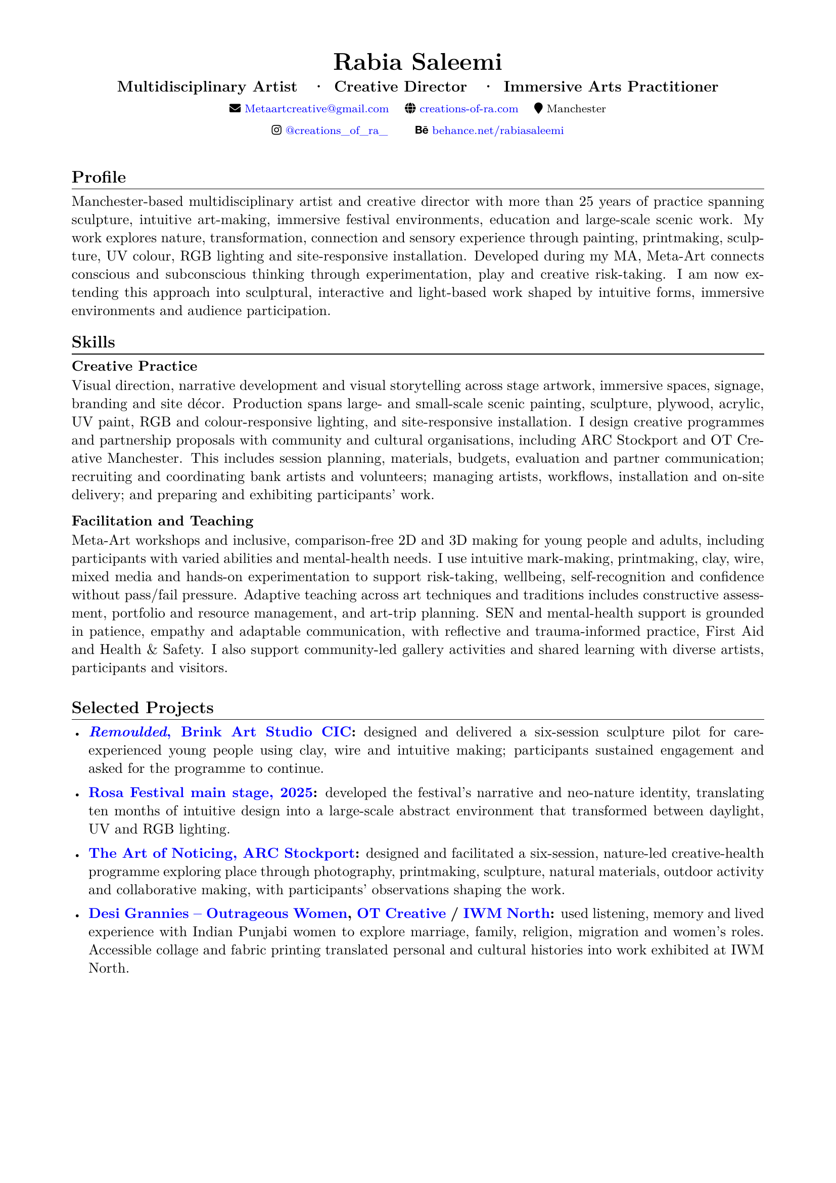 Rabia Saleemi artist CV, page 1 of 2